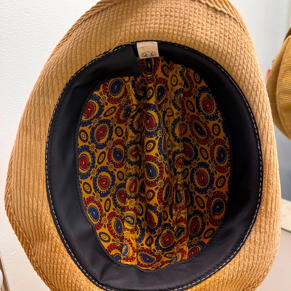 1960’s Golden Brown Corduroy Fedora with Feathers &. Embellished Glass Button - Picture 5 of 9